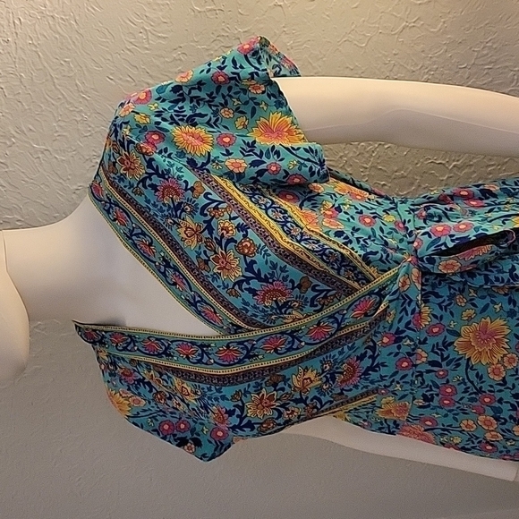 Zesica 1990s Turquoise Surplice Floral Wrap Maxi Prairie Dress - Picture 4 of 13